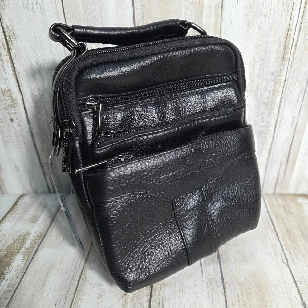 Xiao Duo Li Black Genuine Leather Messenger Crossbody Bag Multi Pocket Travel